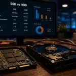 Hard drive HDD and SSD : comparaison HDD vs SSD, table avec SSD et HDD