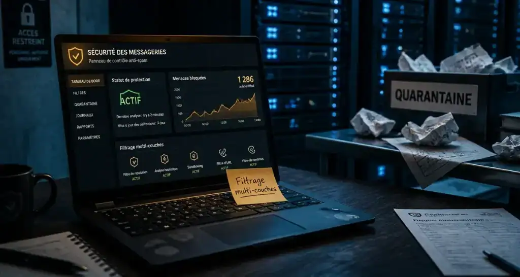Logiciel anti spam avec filtrage multi-couches sur ordinateur au bureau