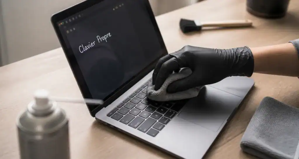 nettoyant clavier ordinateur portable sur table