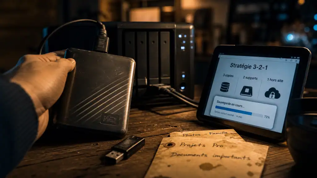 Sauvegarde informatique 3-2-1 : disque dur externe, NAS et clé USB