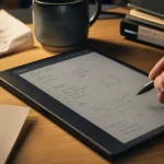 Bloc notes numerique e-ink avec stylet sur bureau
