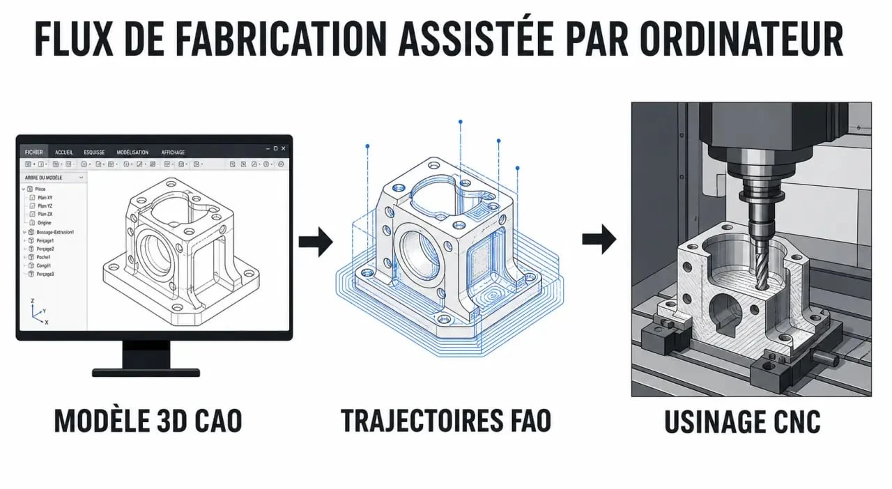 Schéma du fonctionnement d’un fao logiciel entre CAO, trajectoires d’outil et machine CNC