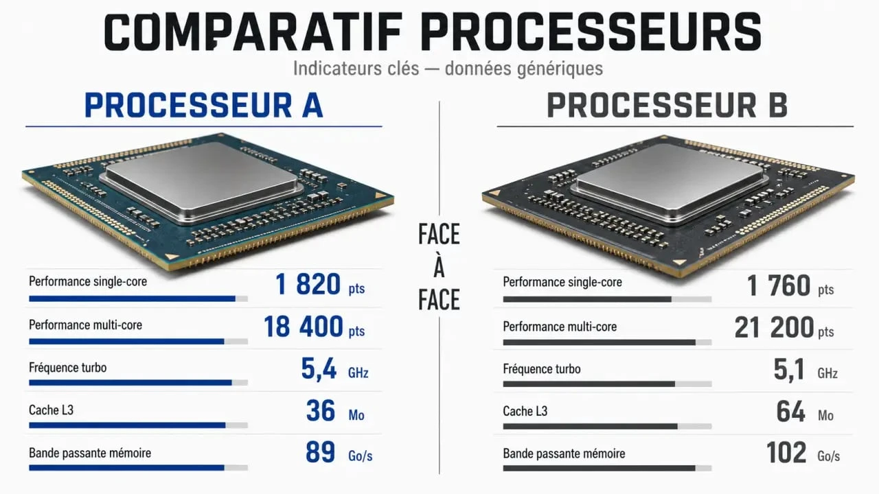 Versus processeur : comparaison visuelle de deux CPU avec indicateurs de performance, fréquence, cache et mémoire