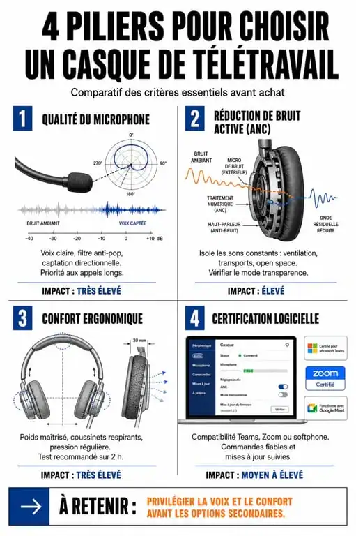 Infographie des critères pour choisir le meilleur casque télétravail : micro, ANC, confort et certification