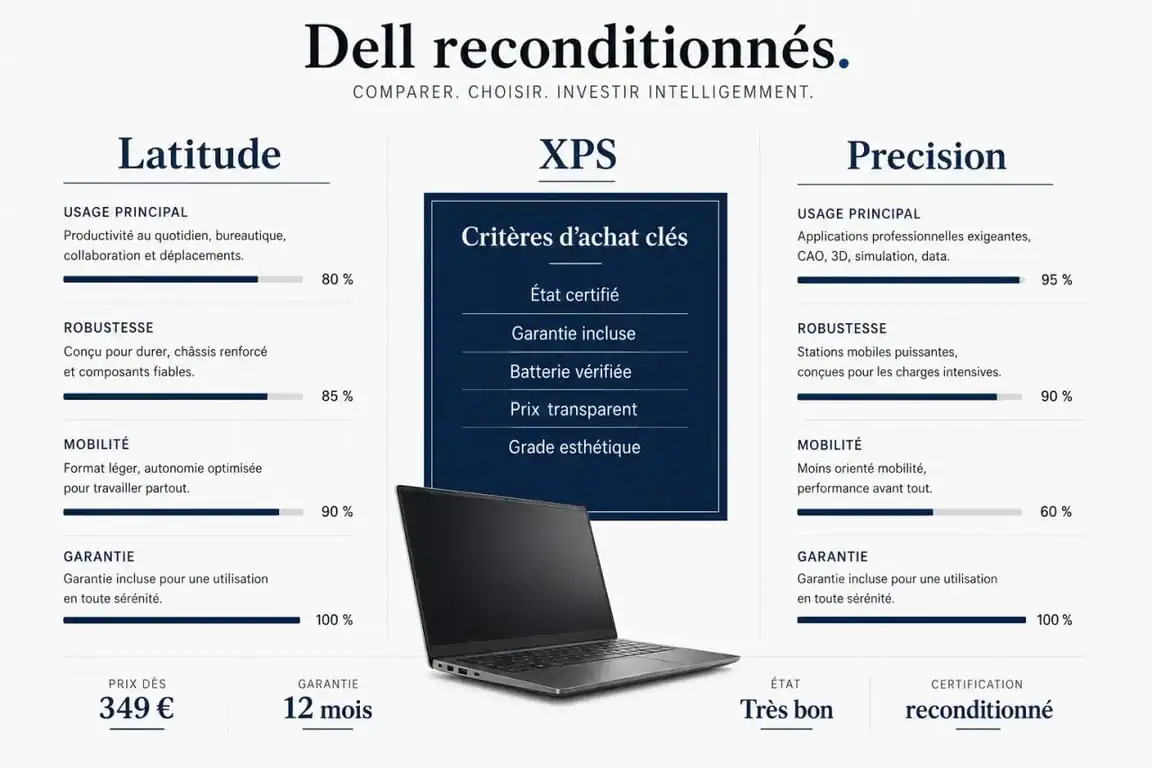 Infographie comparative sur le Dell reconditionné avec les gammes Latitude, XPS et Precision