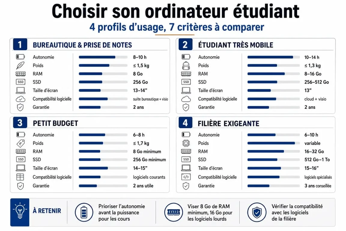 Infographie comparative sur quel ordinateur pour un étudiant avec les critères autonomie, poids, RAM, SSD et compatibilité logicielle