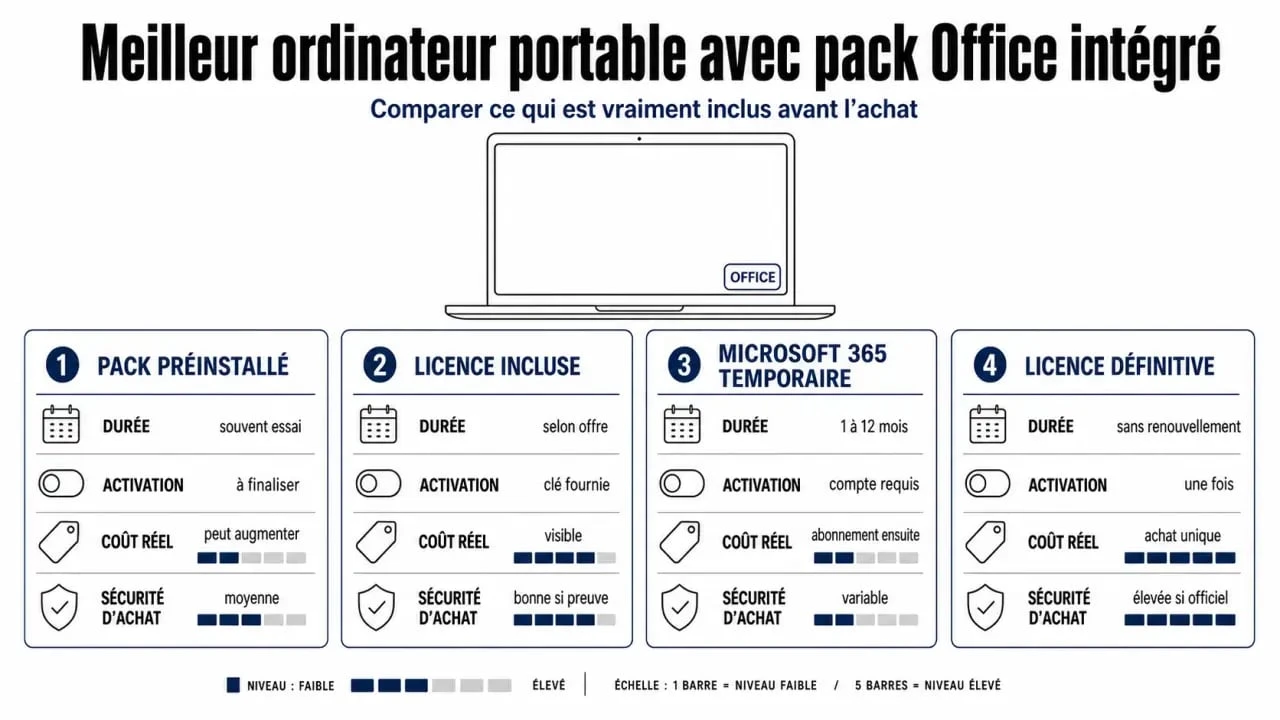 Infographie sur le meilleur ordinateur portable avec pack Office intégré comparant les types de licence et d’offre bureautique