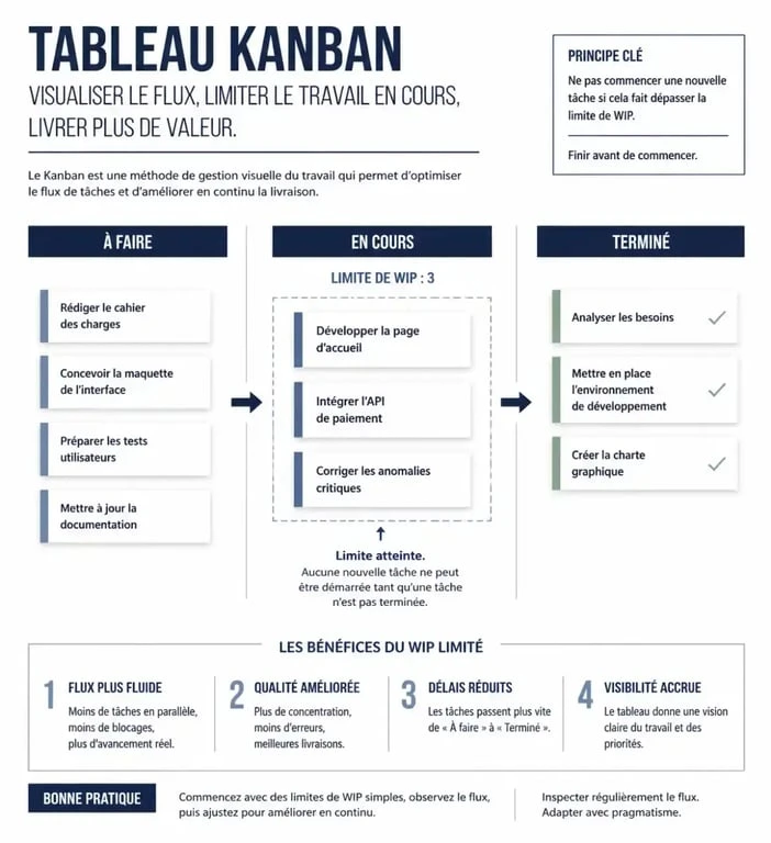 Schéma explicatif du fonctionnement d'un outil Kanban pour la gestion de projet