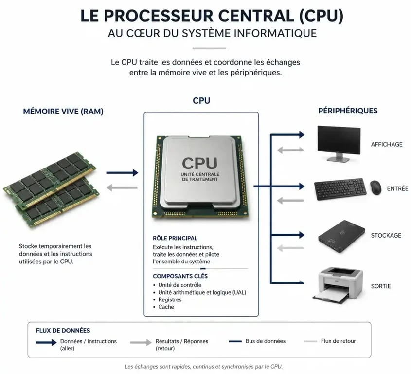 Schéma explicatif du rôle d'un processeur CPU dans un ordinateur