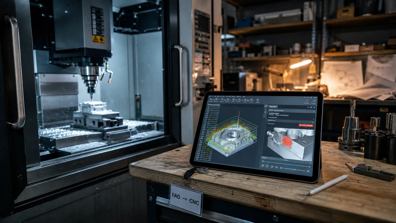 FAO logiciel : trajectoires outil CNC, simulation collision et post-processeur en atelier