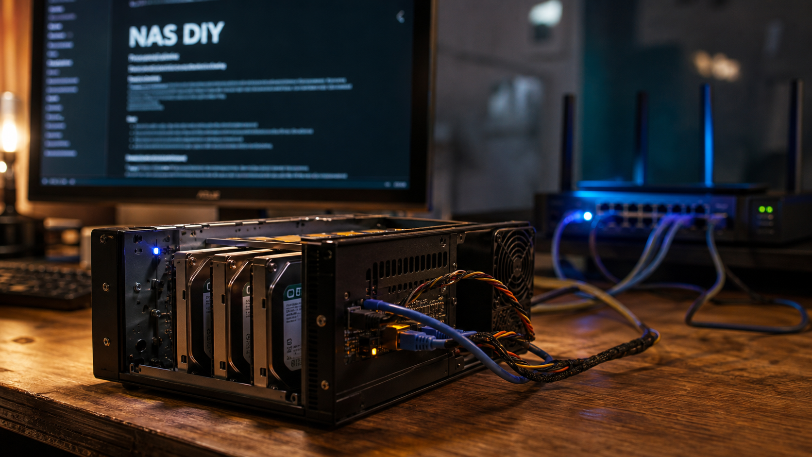 NAS DIY : serveur maison sur vieux PC, boîtier ouvert, disques et câbles