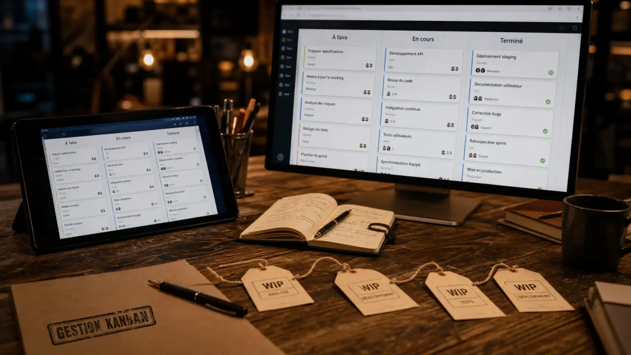 Outil kanban sur écran : À faire, En cours, Terminé
