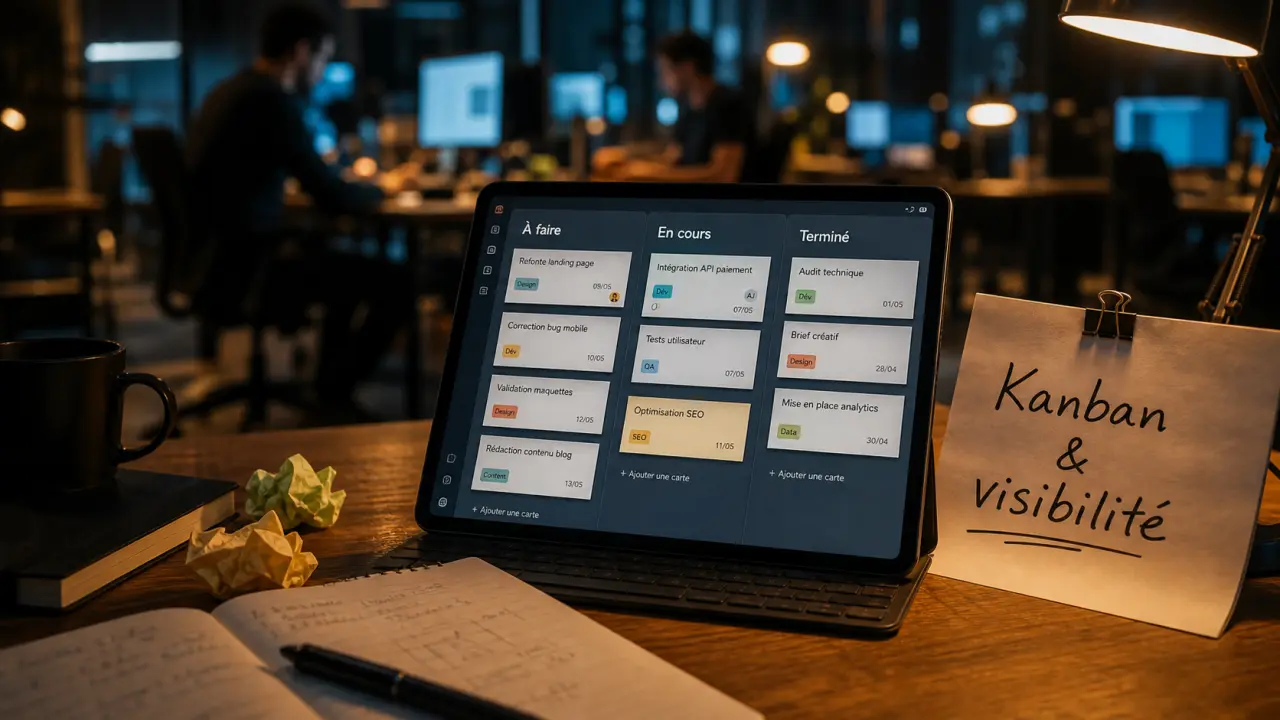 Outil kanban : tableau Kanban « À faire », « En cours », « Terminé » pour la visibilité des projets