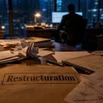 Restructuration des entreprises : bureau, dossiers et organigramme barré
