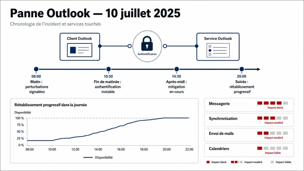Bug Outlook 10 juillet 2025 : chronologie de la panne et rétablissement progressif