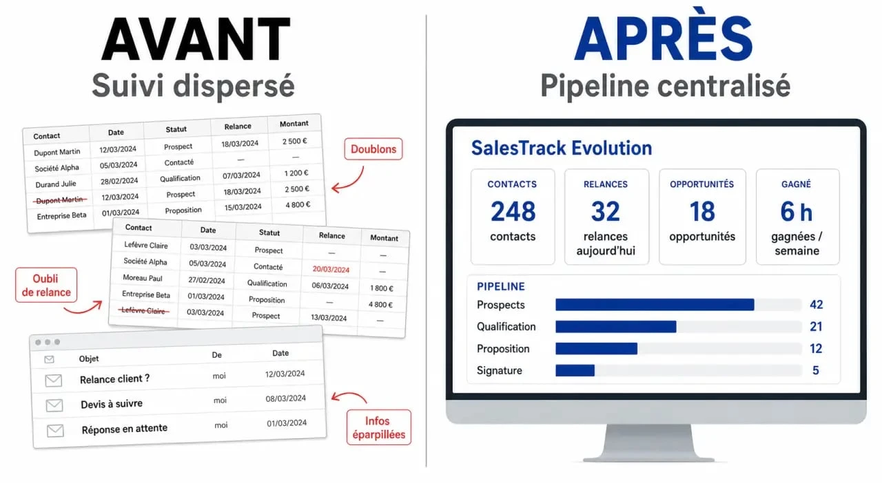 Logiciel CRM SalesTrack Evolution avis : comparaison visuelle avec Excel et suivi commercial centralisé