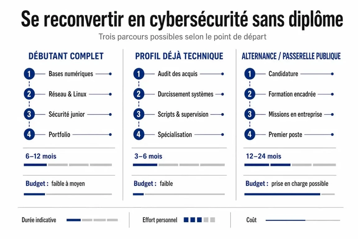 Formation cybersécurité sans diplôme : parcours de reconversion, durée et budget