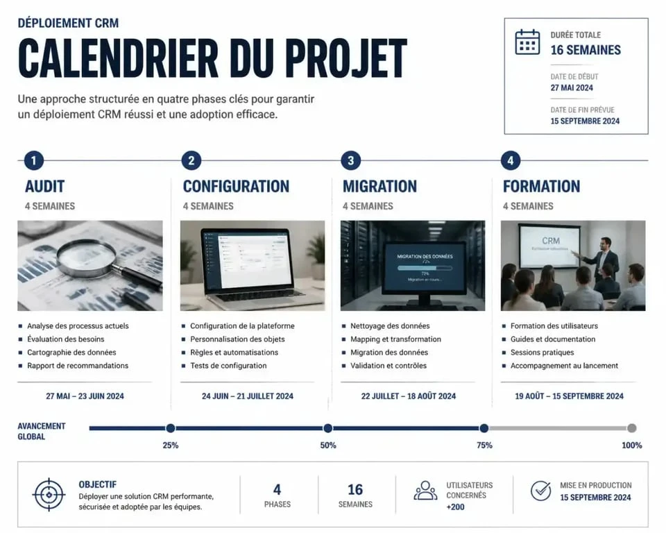 Chronologie des étapes de déploiement d'un CRM SmartSales Enterprise