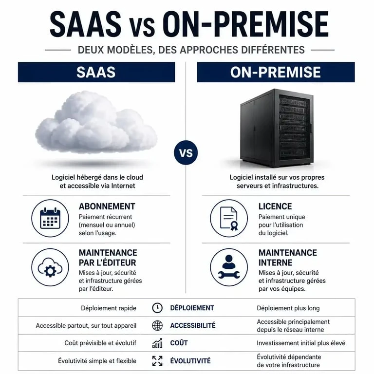 Infographie comparative des différences entre logiciel SaaS et logiciel On-Premise pour les entreprises