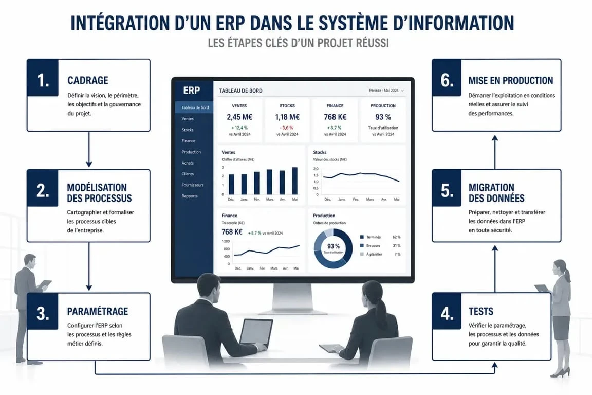 Comment intégrer erp flexmanage plus : schéma des étapes de cadrage, tests, migration des données et déploiement
