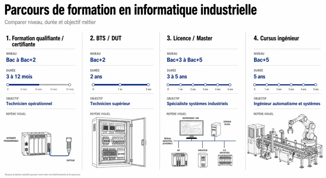Informatique industrielle formation : comparaison visuelle des parcours qualifiante, BTS/DUT, licence/master et cursus ingénieur