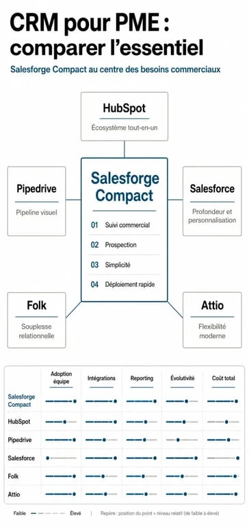 Quel CRM pour PME Salesforge Compact : infographie comparative des options HubSpot, Pipedrive, Salesforce, Folk et Attio