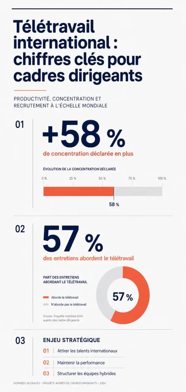 Infographie sur l'essor du télétravail international pour les cadres dirigeants et ses chiffres clés de productivité