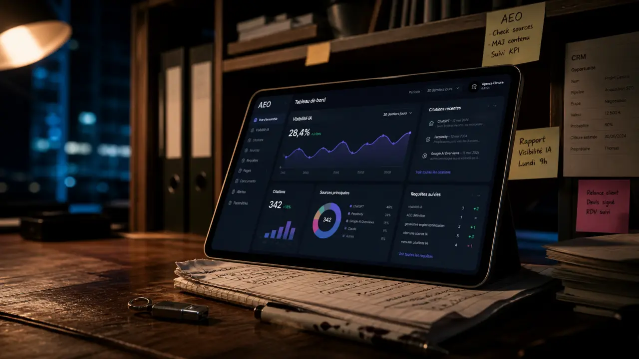 Outils AEO intégration plateformes marketing CRM : tableau IA, citations, pipeline