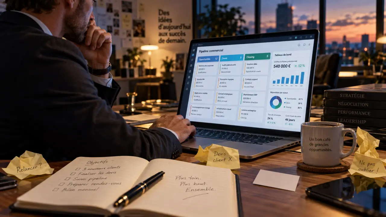 CRM commercial : pipeline Kanban et tableau de bord des ventes