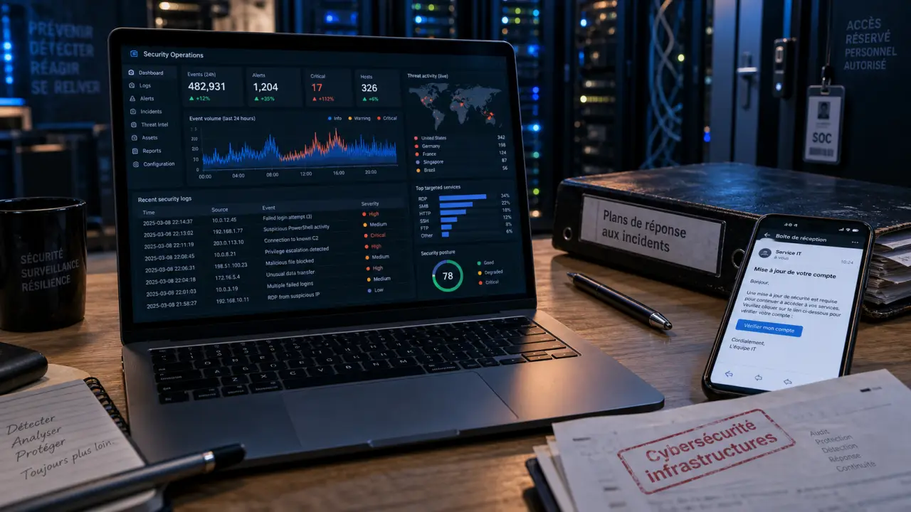 Cybersécurité des infrastructures paris : SOC, réseau et gouvernance, alertes et phishing