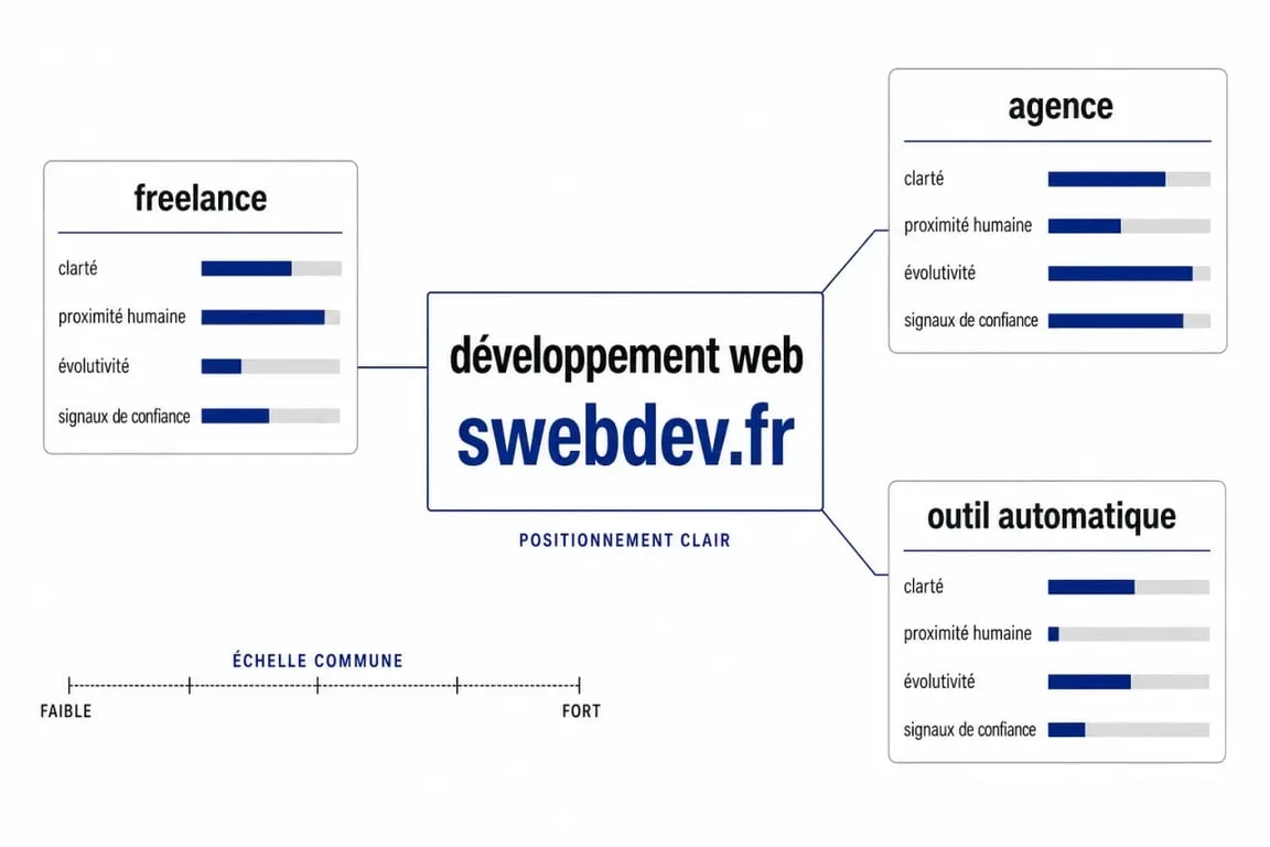 Développement web swebdev.fr : comparaison éditoriale entre freelance, agence et outil automatique