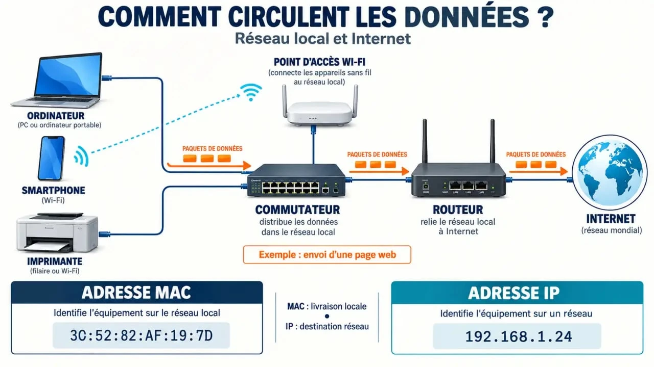 Schéma simplifié du fonctionnement d’un réseau informatique avec routeur, commutateur, Wi-Fi, adresses IP et MAC