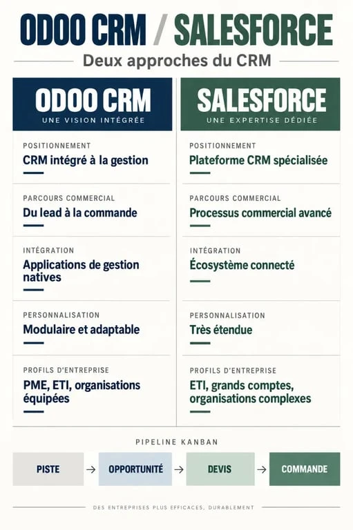 Infographie comparative Odoo CRM et Salesforce avec pipeline commercial