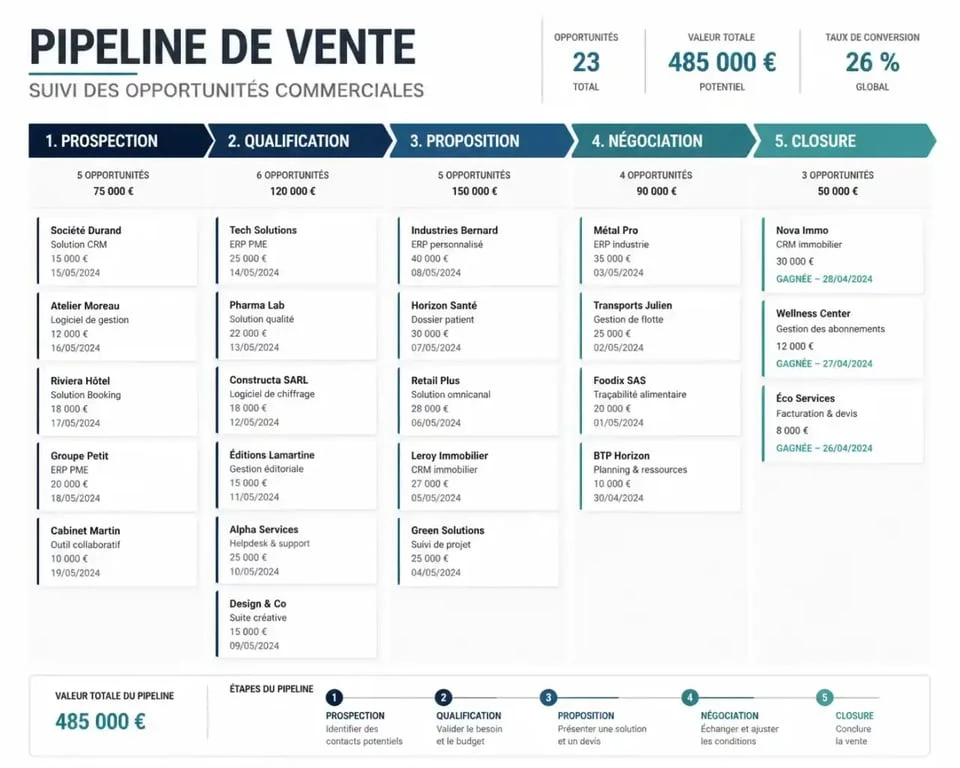 Visualisation d'un pipeline de vente CRM commercial sous forme de tableau Kanban