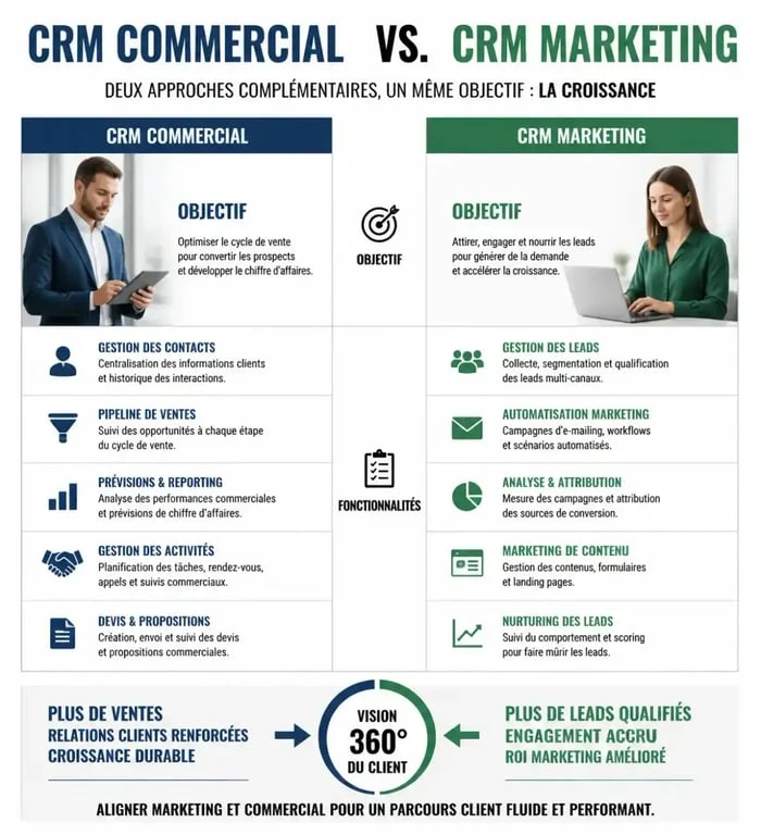 Comparatif visuel entre CRM commercial et CRM marketing pour la gestion de la relation client