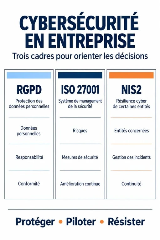 Infographie sur la cybersécurité en entreprise comparant le RGPD, ISO 27001 et NIS2