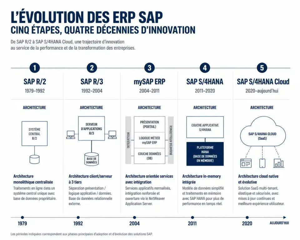 Frise chronologique mySAP ERP entre SAP R/3 et S/4HANA