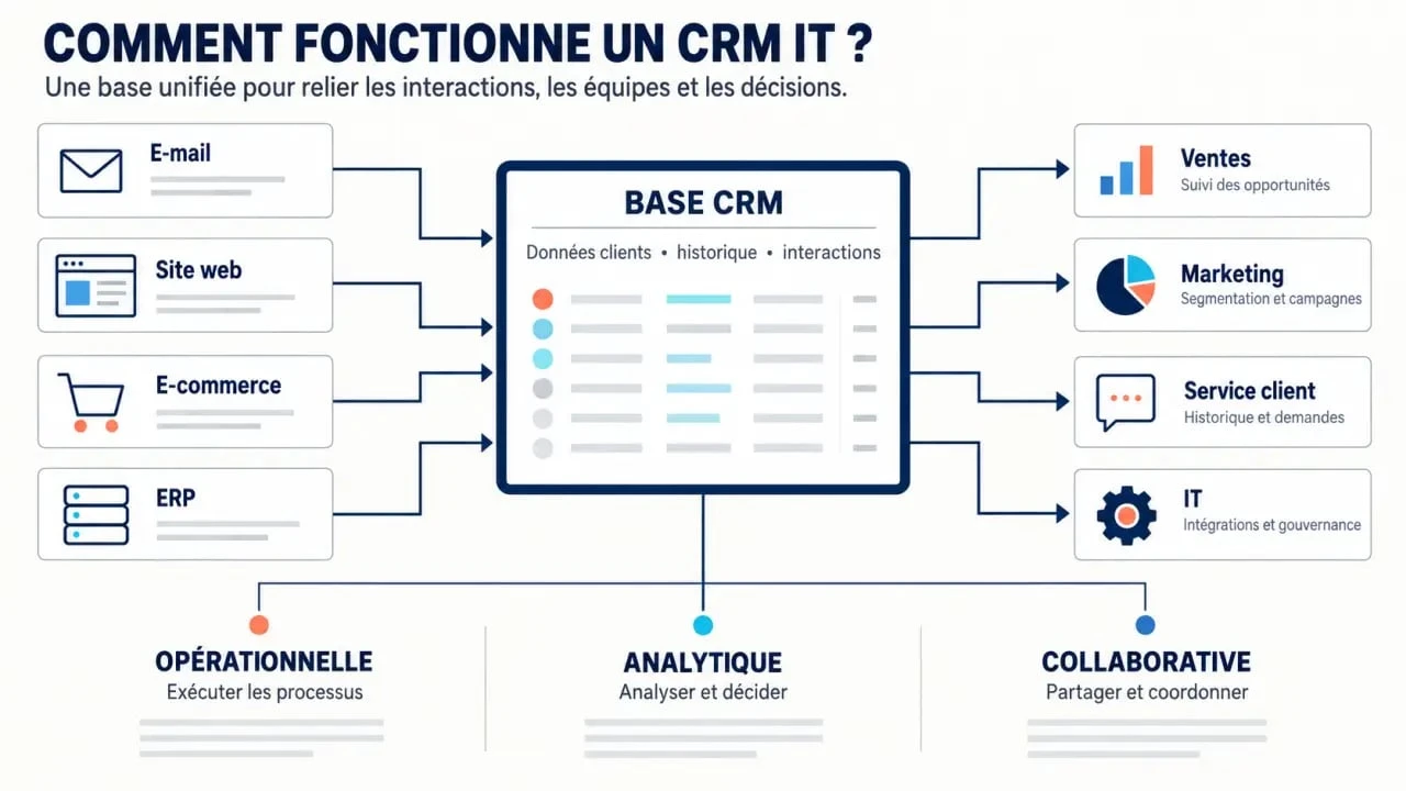 Schéma visuel d’un CRM IT system reliant ventes, marketing, service client, IT et ERP