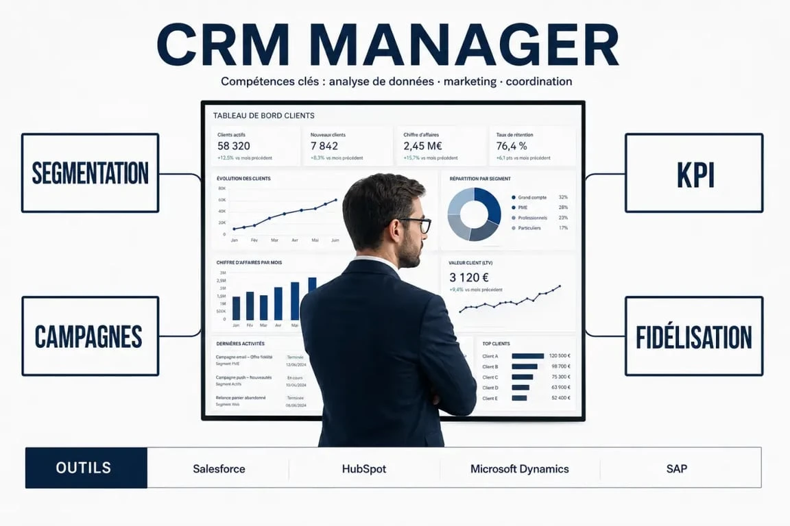 CRM Manager : missions, outils et KPI du métier en visuel éditorial