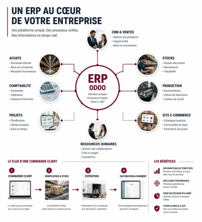 Infographie Odoo ERP reliant CRM, ventes, stocks, comptabilité et production