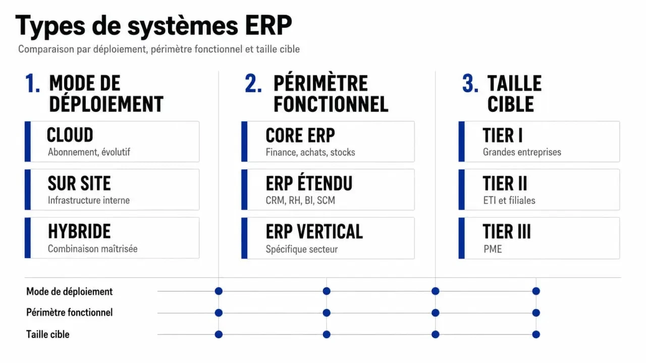 Infographie comparative des erp system types selon le déploiement, les fonctionnalités et la taille d’entreprise
