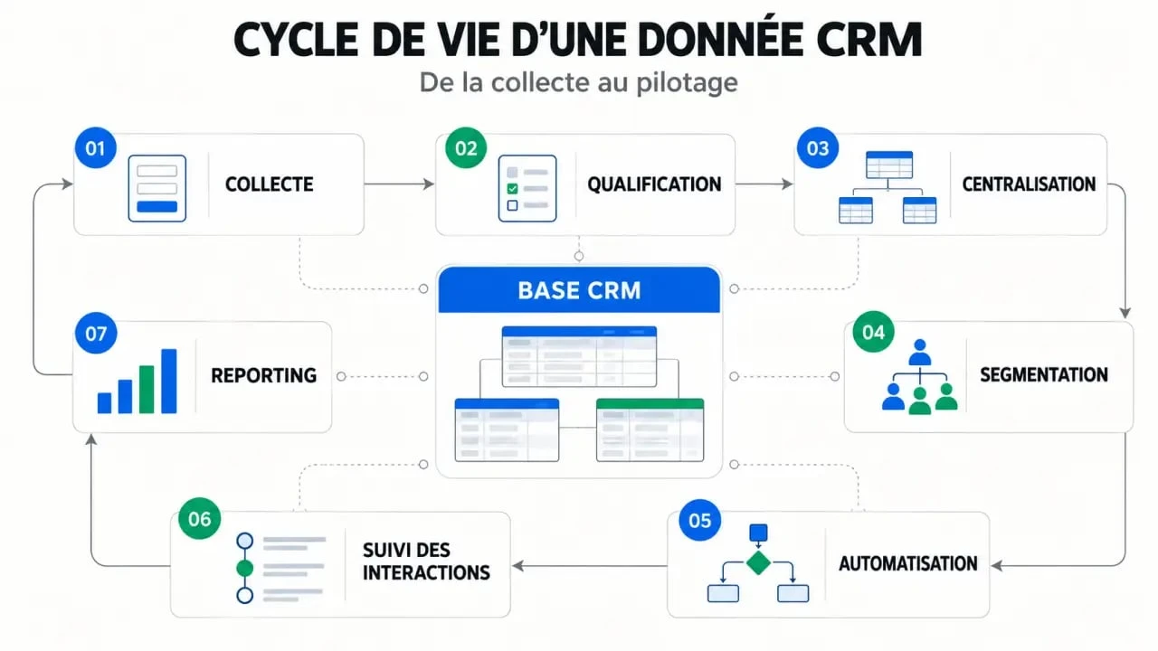 Schéma du cycle de vie d’une base de données CRM, de la collecte au reporting