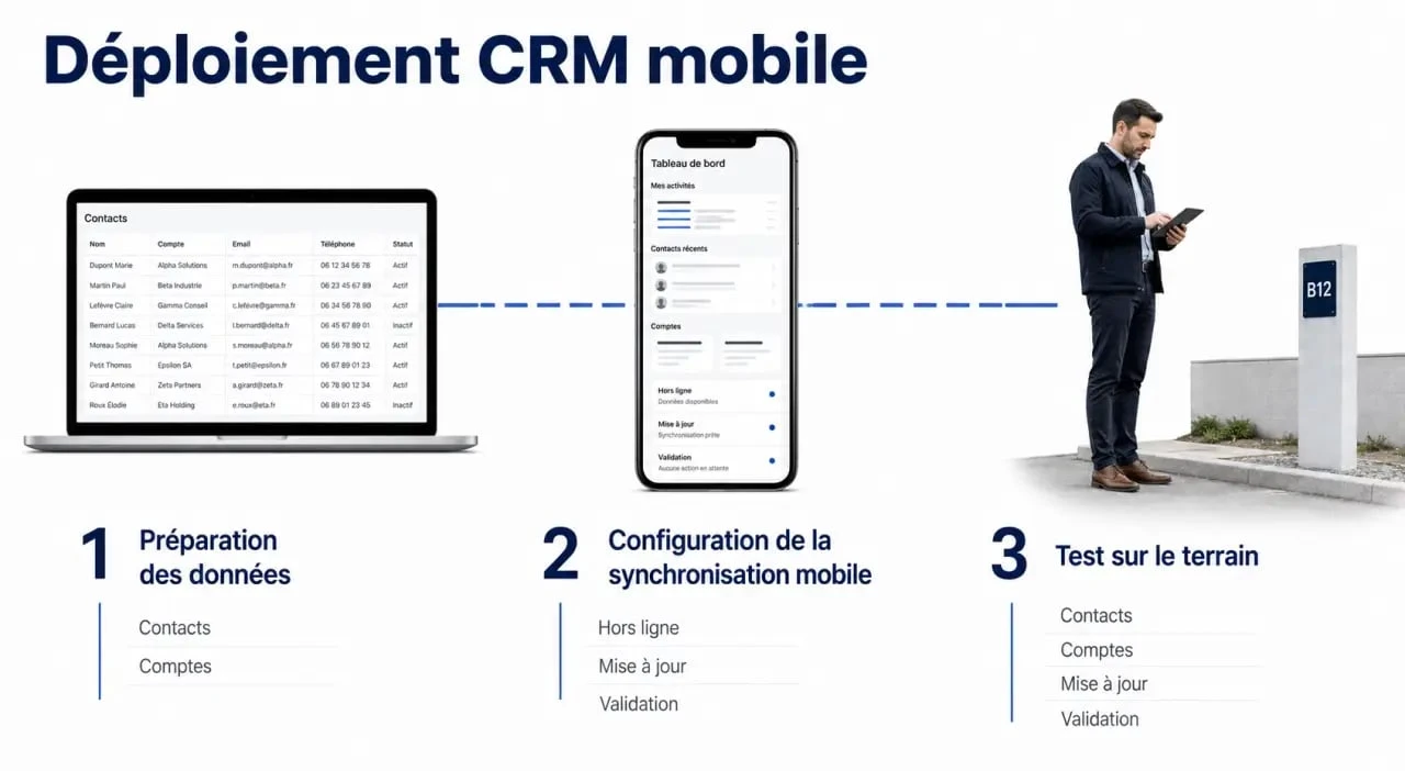 Logiciel CRM mobile field force illustré par un déploiement en trois étapes entre smartphone, ordinateur et commercial terrain