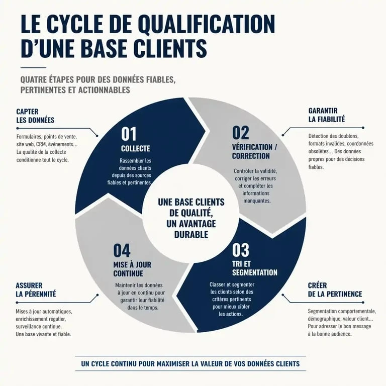 Schéma des quatre étapes du processus pour qualifier une base de données clients
