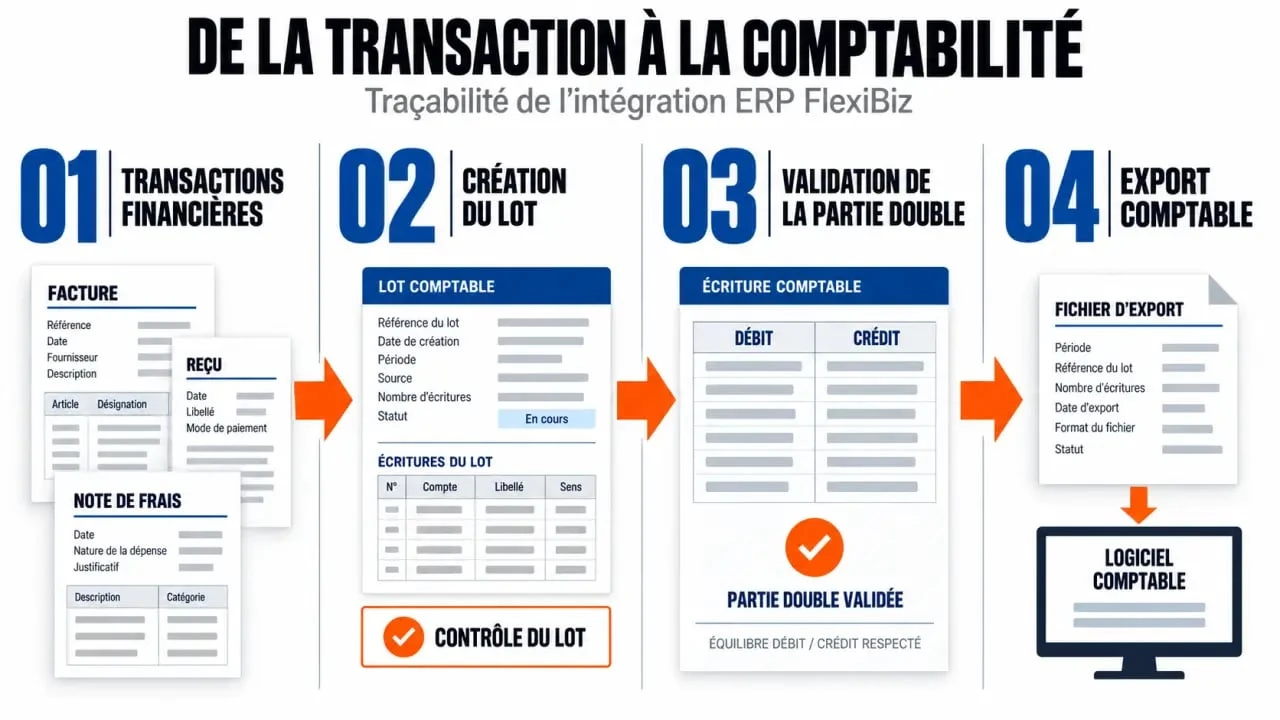 Schéma du flux d’intégration ERP FlexiBiz avec la comptabilité, du lot de transactions à l’écriture exportée