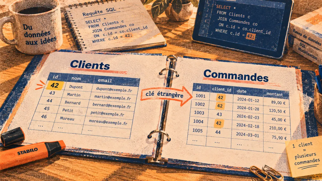 Base de données relationnelle : tables séparées et cohérentes, clés primaire et étrangère