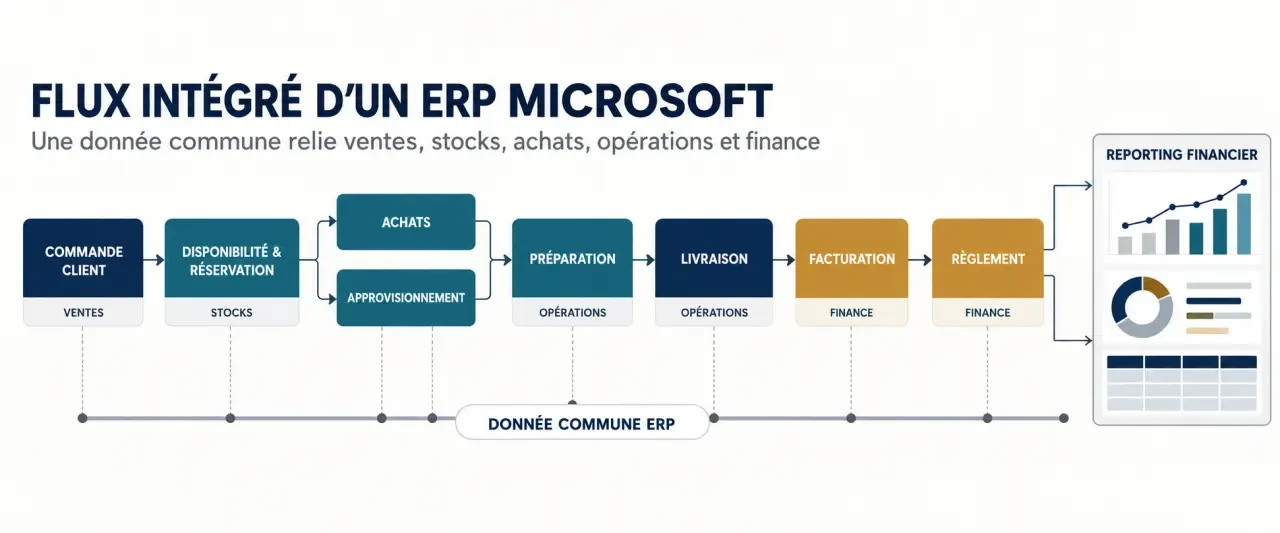 Flux de gestion intégré dans un ERP Microsoft entre ventes, stocks, achats, opérations et finance