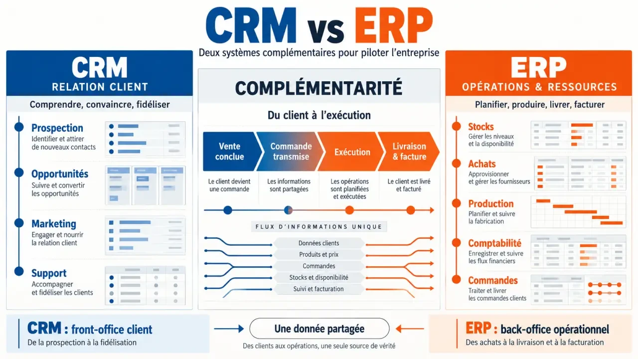 Infographie CRM versus ERP : différences entre relation client et gestion des opérations