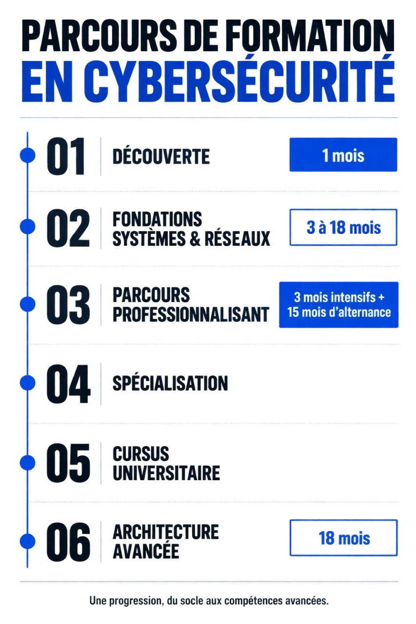Parcours de formation en cybersécurité selon le niveau, la durée et la spécialisation