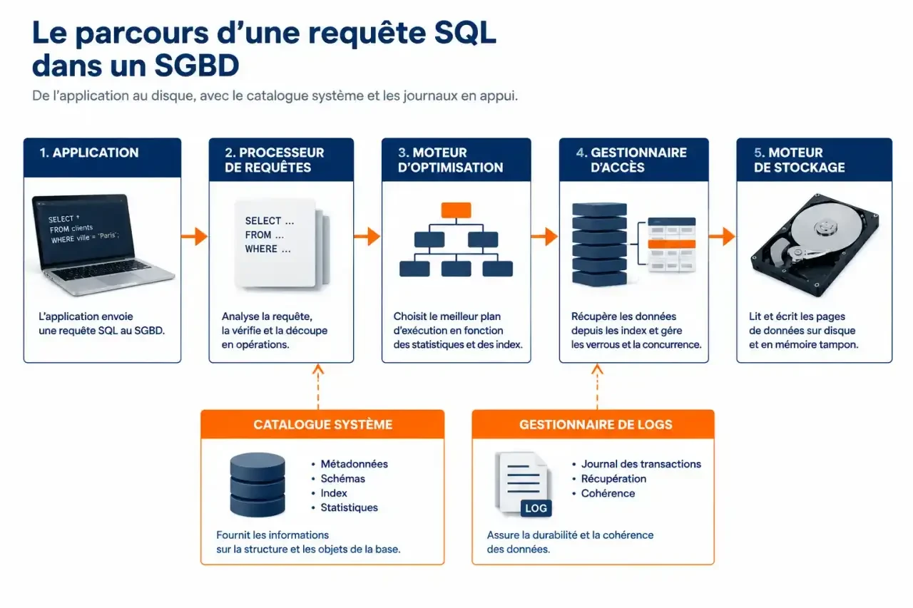 Schéma du fonctionnement de la gestion de base de données : trajet d'une requête SQL à travers les composants d'un SGBD